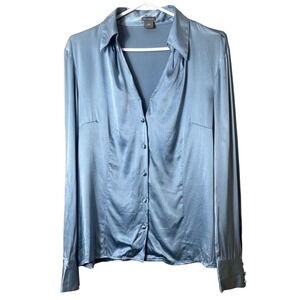 Ann Taylor Silk Blend Blouse 12 Blue Satin Button Down Office Coquette Aesthetic